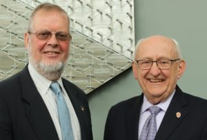 AIHP President W. Clarke Ridgway (left) and immediate past AIHP President William A. Zellmer at the 2019 AIHP Annual Board of Directors Meeting at the UW–Madison School of Pharmacy in June 2019.
